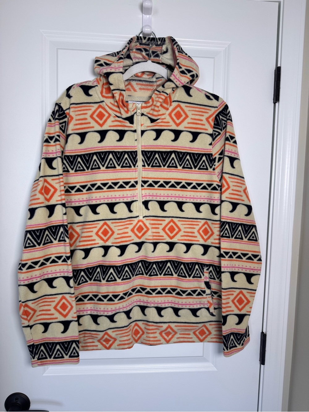 O'Neill Cream Zip-Up Hoodie Sweater with Orange & Navy Pattern
